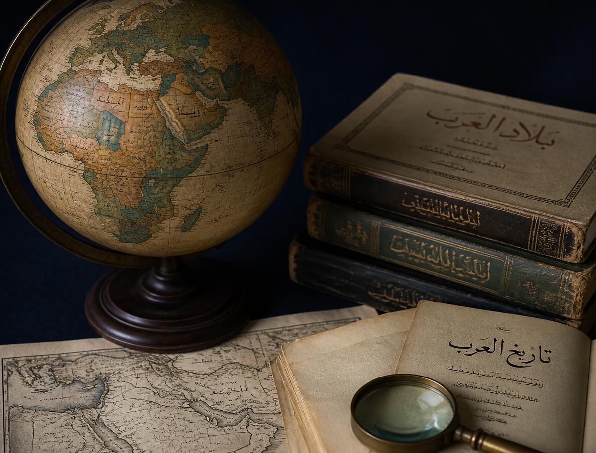 A globe turned to Africa and the Arabian peninsula beside Arabic volumes and historical maps