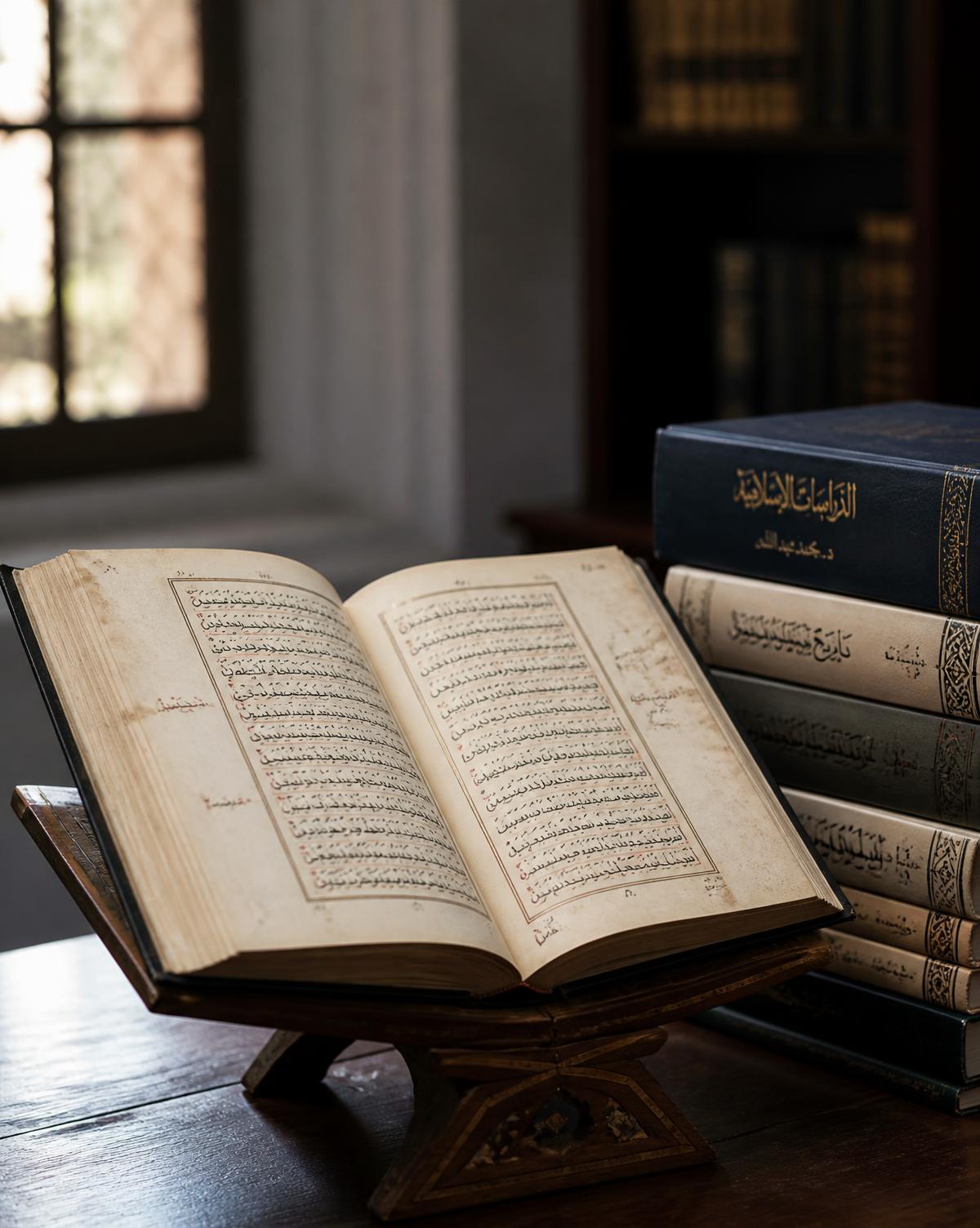 An open Arabic manuscript on a wooden reading stand beside scholarly volumes